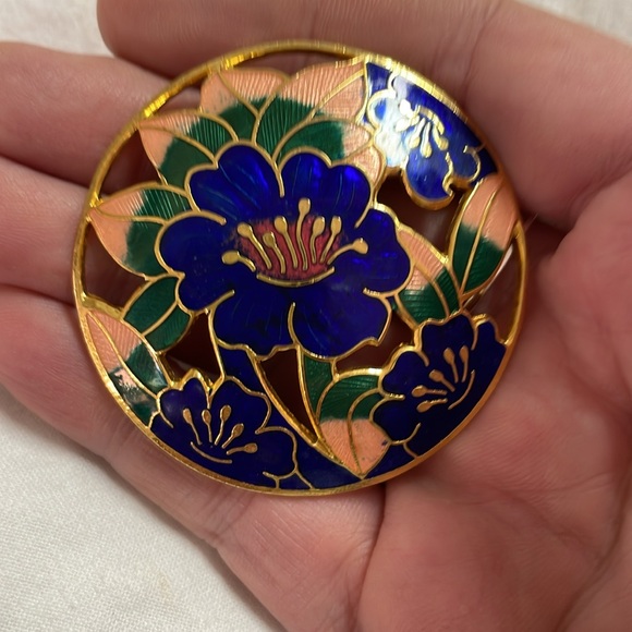 Vintagee cloisionne round blue floral large brooch pin pristine condition - Picture 3 of 4
